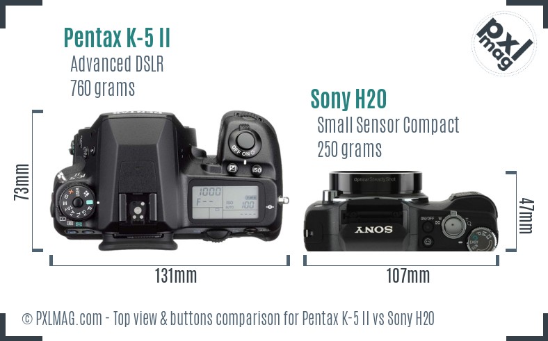 Pentax K-5 II vs Sony H20 top view buttons comparison