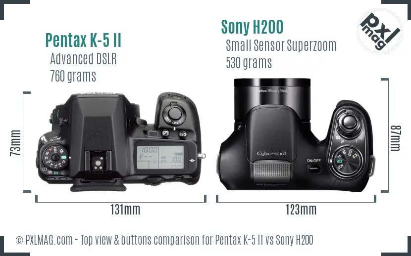 Pentax K-5 II vs Sony H200 top view buttons comparison