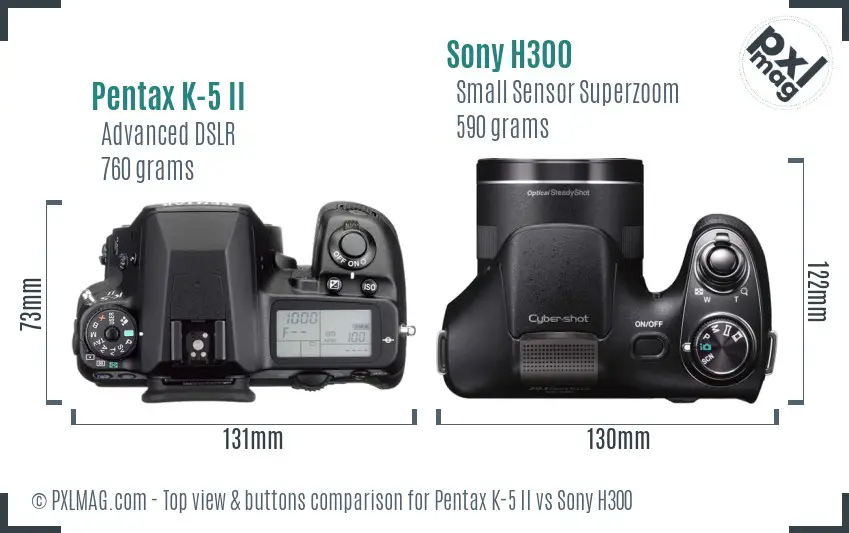 Pentax K-5 II vs Sony H300 top view buttons comparison