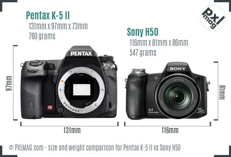 Pentax K-5 II vs Sony H50 size comparison