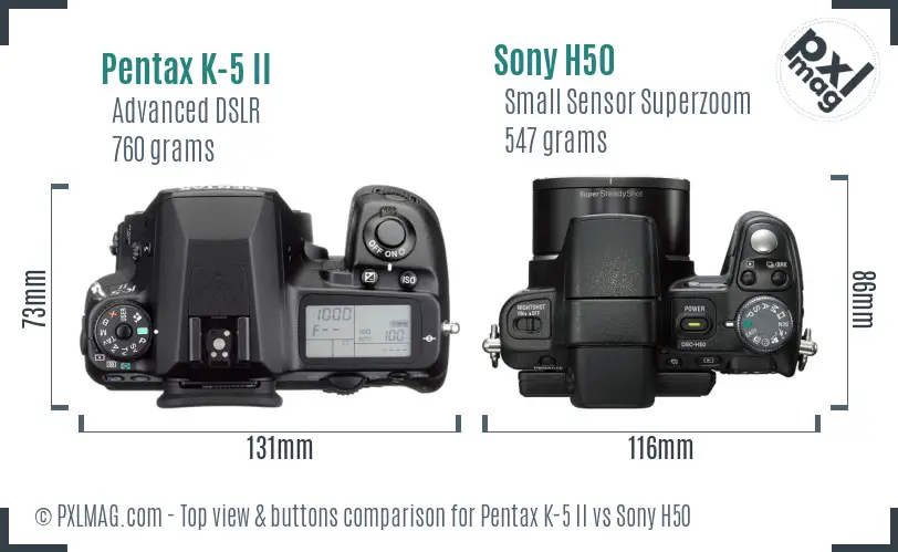 Pentax K-5 II vs Sony H50 top view buttons comparison