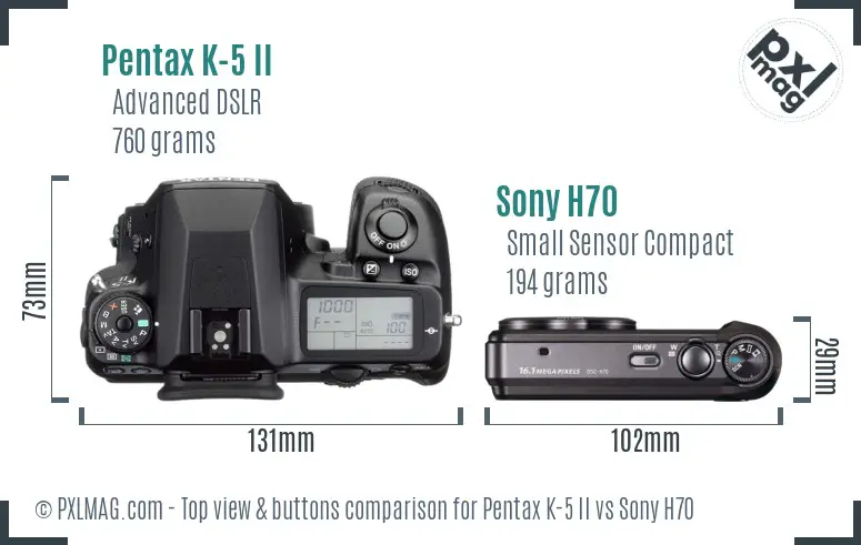 Pentax K-5 II vs Sony H70 top view buttons comparison