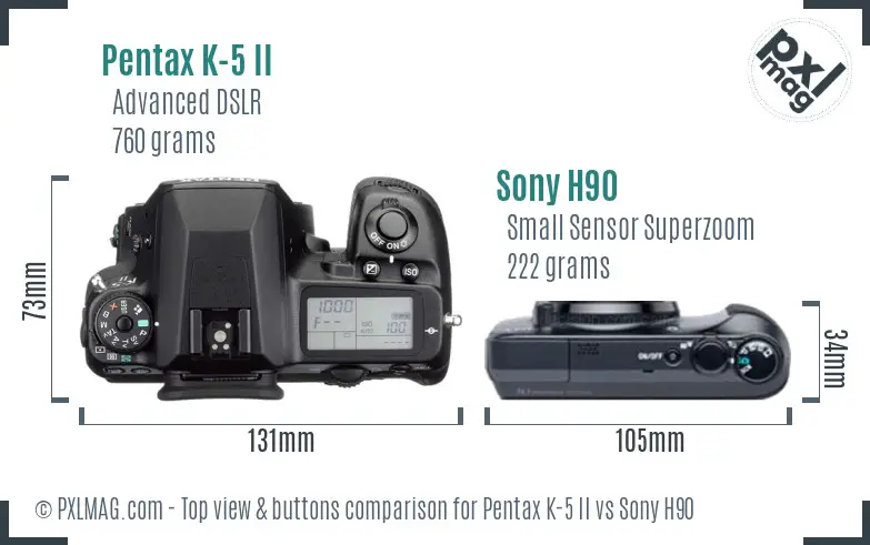 Pentax K-5 II vs Sony H90 top view buttons comparison