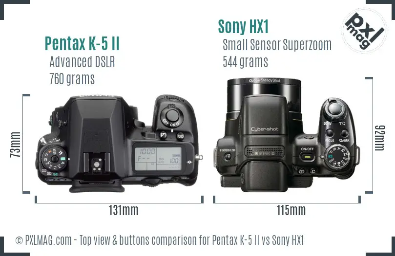 Pentax K-5 II vs Sony HX1 top view buttons comparison