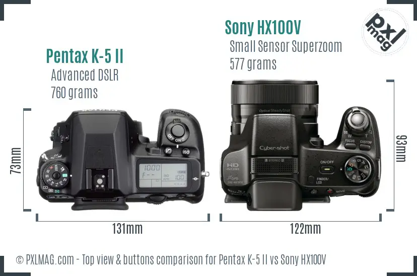 Pentax K-5 II vs Sony HX100V top view buttons comparison