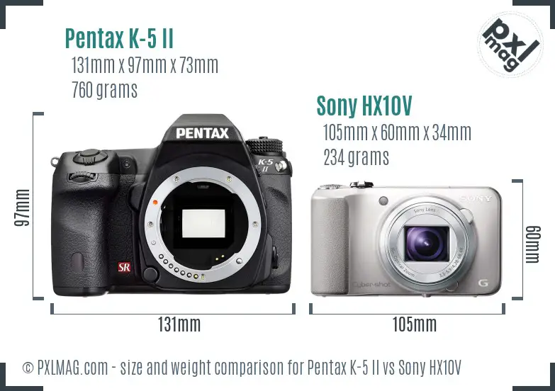 Pentax K-5 II vs Sony HX10V size comparison