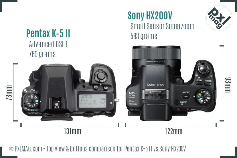 Pentax K-5 II vs Sony HX200V top view buttons comparison