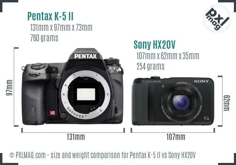 Pentax K-5 II vs Sony HX20V size comparison