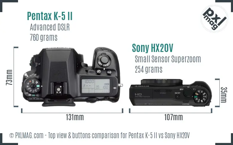 Pentax K-5 II vs Sony HX20V top view buttons comparison