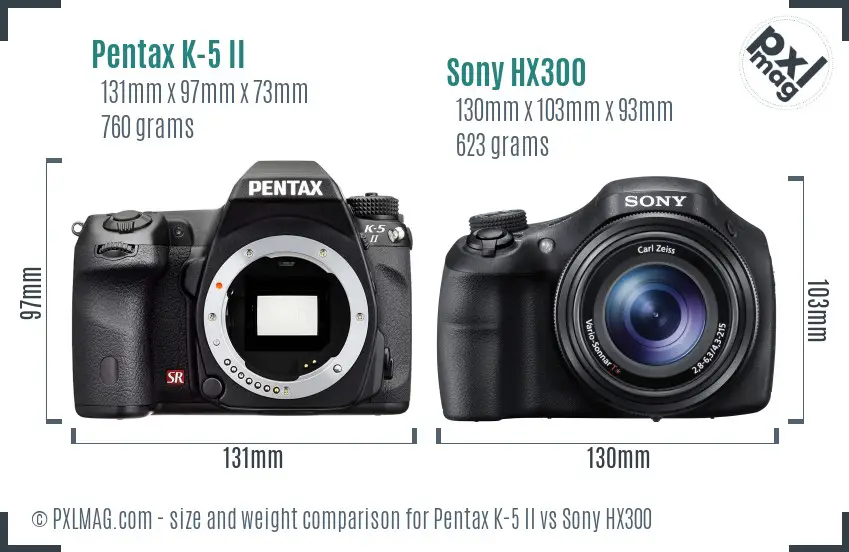 Pentax K-5 II vs Sony HX300 size comparison