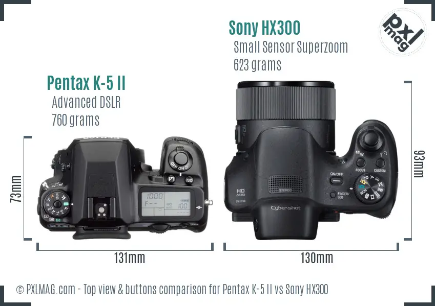 Pentax K-5 II vs Sony HX300 top view buttons comparison