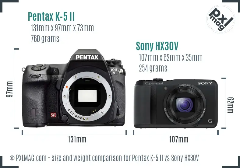 Pentax K-5 II vs Sony HX30V size comparison