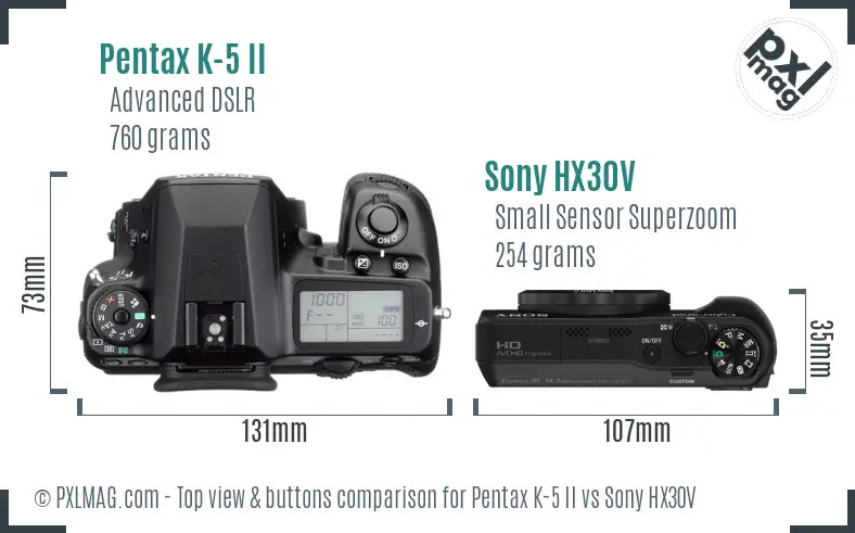 Pentax K-5 II vs Sony HX30V top view buttons comparison