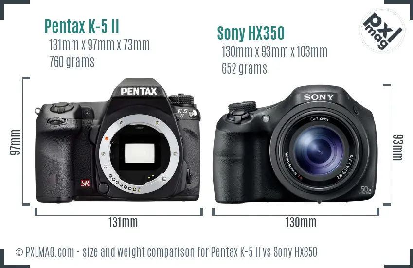 Pentax K-5 II vs Sony HX350 size comparison