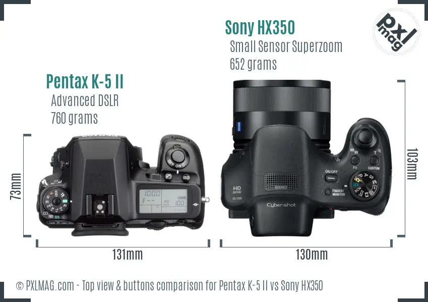 Pentax K-5 II vs Sony HX350 top view buttons comparison