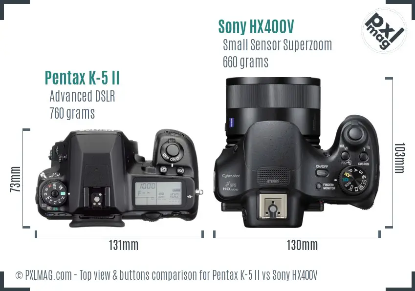 Pentax K-5 II vs Sony HX400V top view buttons comparison