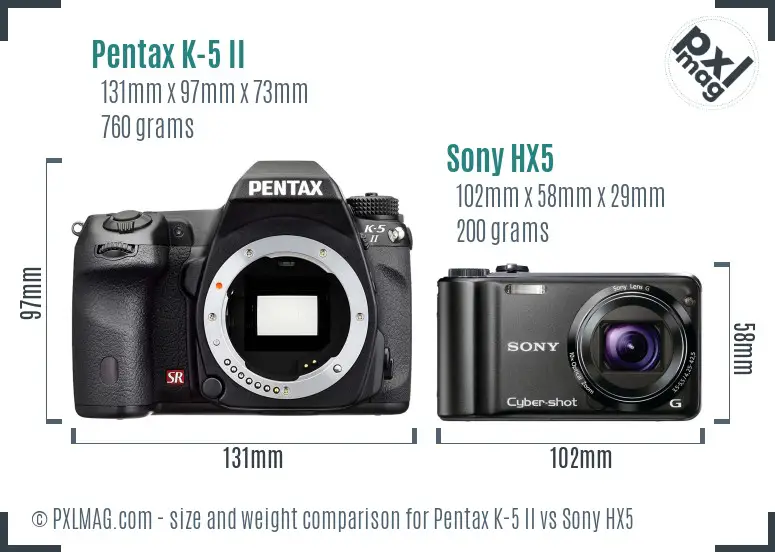 Pentax K-5 II vs Sony HX5 size comparison Pentax K-5 II vs Sony HX5 size comparison