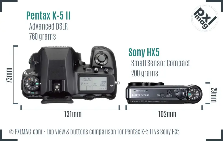 Pentax K-5 II vs Sony HX5 top view buttons comparison