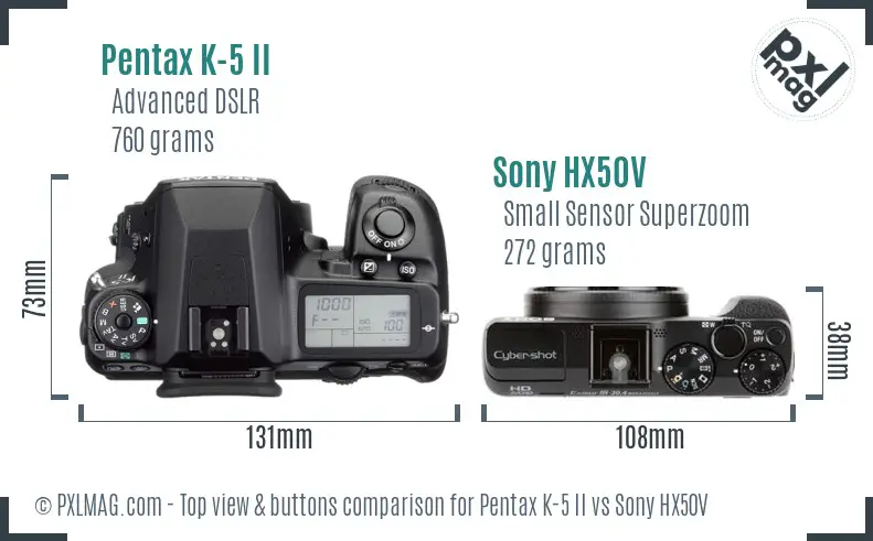 Pentax K-5 II vs Sony HX50V top view buttons comparison