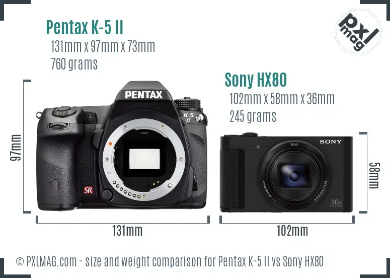 Pentax K-5 II vs Sony HX80 size comparison