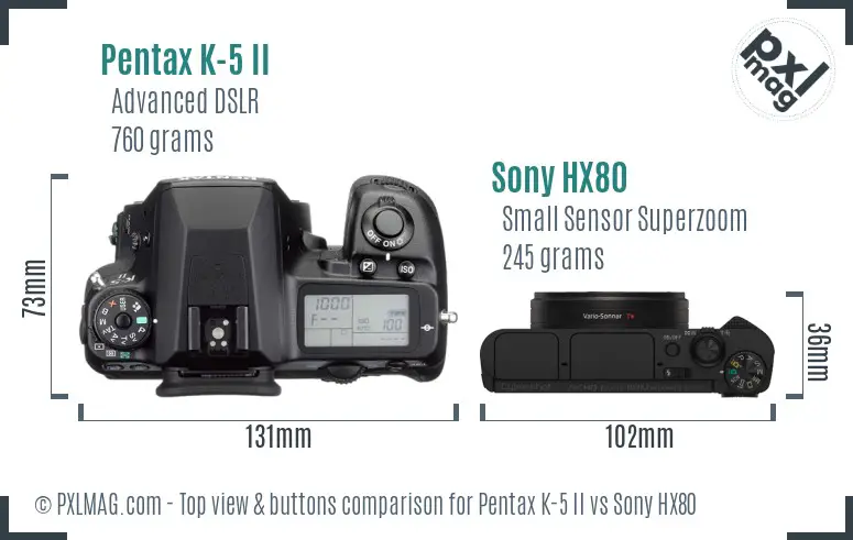 Pentax K-5 II vs Sony HX80 top view buttons comparison