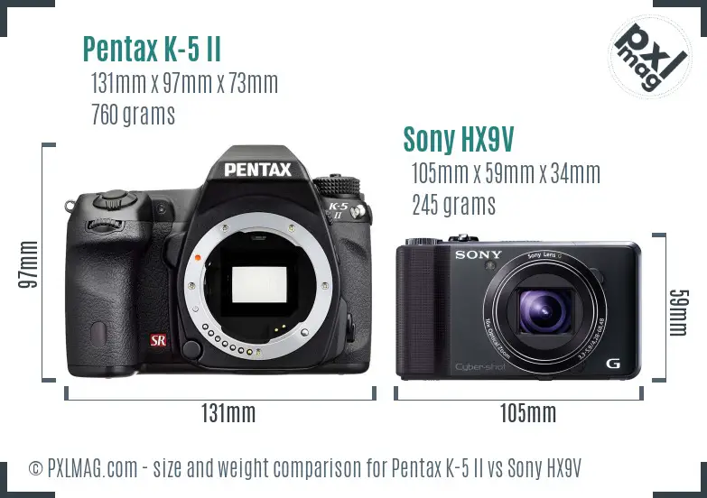 Pentax K-5 II vs Sony HX9V size comparison