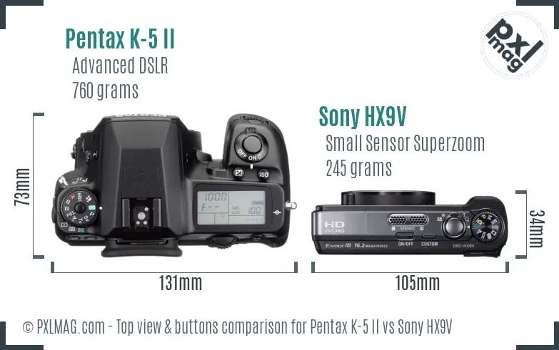 Pentax K-5 II vs Sony HX9V top view buttons comparison