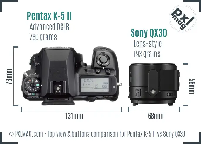 Pentax K-5 II vs Sony QX30 top view buttons comparison