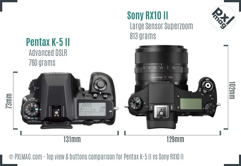 Pentax K-5 II vs Sony RX10 II top view buttons comparison