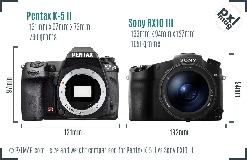 Pentax K-5 II vs Sony RX10 III size comparison