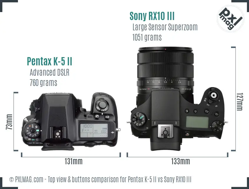 Pentax K-5 II vs Sony RX10 III top view buttons comparison