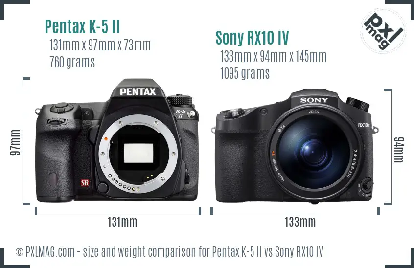 Pentax K-5 II vs Sony RX10 IV size comparison