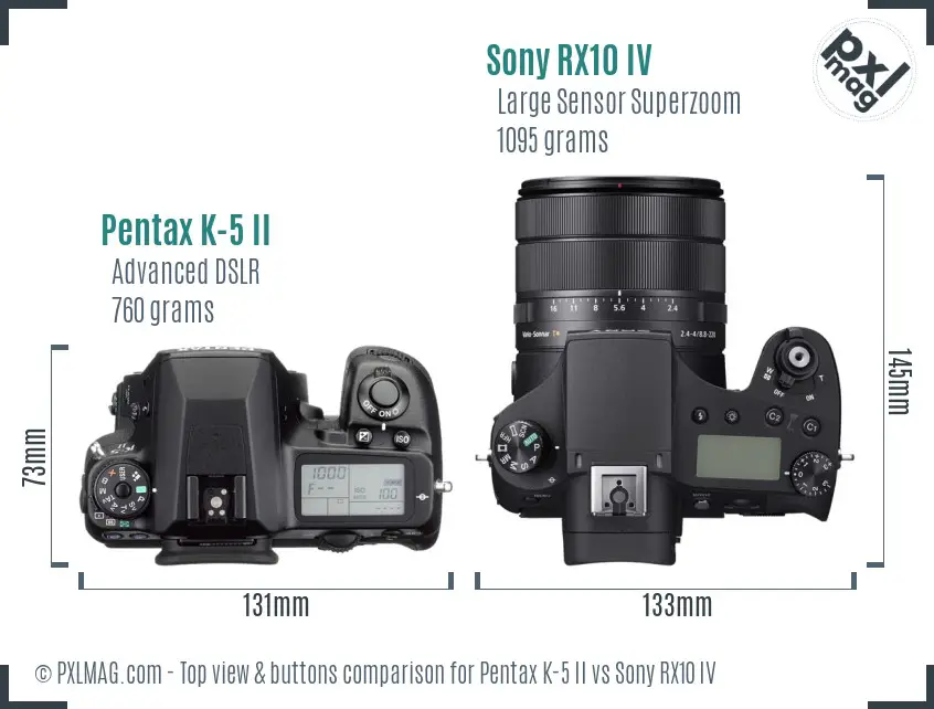 Pentax K-5 II vs Sony RX10 IV top view buttons comparison