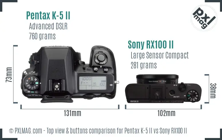 Pentax K-5 II vs Sony RX100 II top view buttons comparison