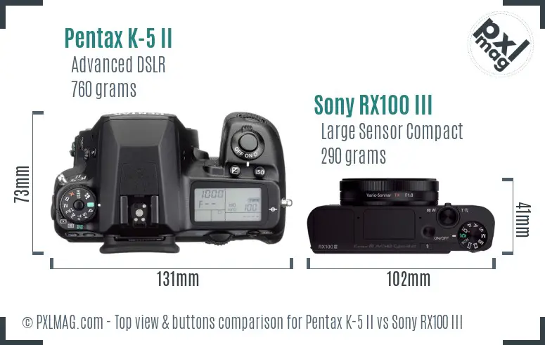 Pentax K-5 II vs Sony RX100 III top view buttons comparison