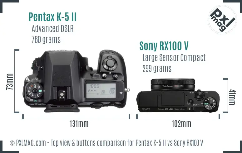 Pentax K-5 II vs Sony RX100 V top view buttons comparison