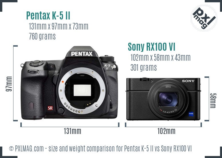 Pentax K-5 II vs Sony RX100 VI size comparison Pentax K-5 II vs Sony RX100 VI size comparison