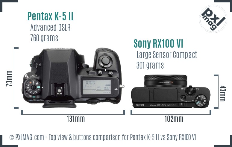 Pentax K-5 II vs Sony RX100 VI top view buttons comparison