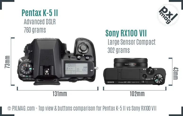 Pentax K-5 II vs Sony RX100 VII top view buttons comparison Pentax K-5 II vs Sony RX100 VII top view buttons comparison