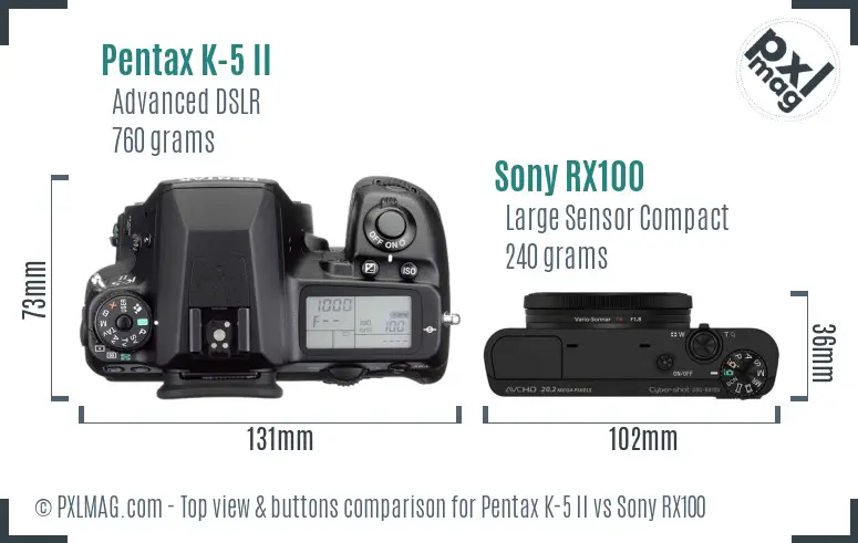 Pentax K-5 II vs Sony RX100 top view buttons comparison