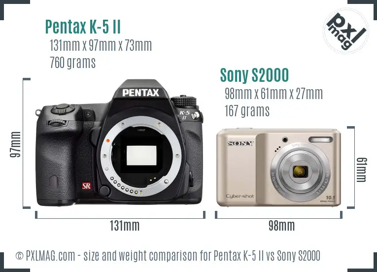 Pentax K-5 II vs Sony S2000 size comparison