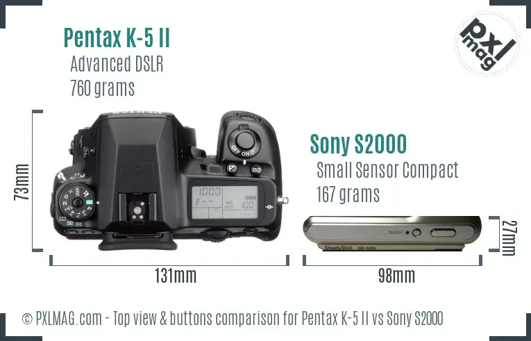 Pentax K-5 II vs Sony S2000 top view buttons comparison