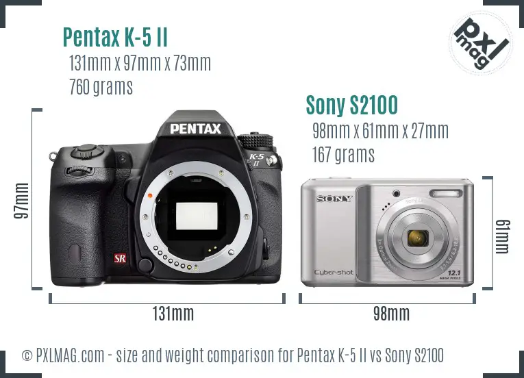 Pentax K-5 II vs Sony S2100 size comparison