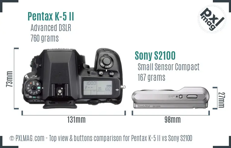Pentax K-5 II vs Sony S2100 top view buttons comparison