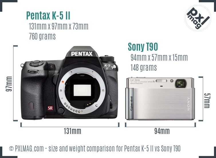 Pentax K-5 II vs Sony T90 size comparison