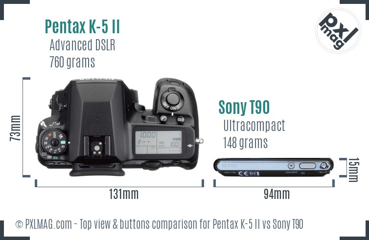 Pentax K-5 II vs Sony T90 top view buttons comparison