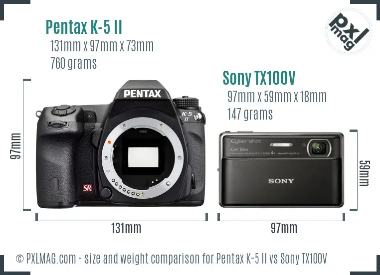 Pentax K-5 II vs Sony TX100V size comparison