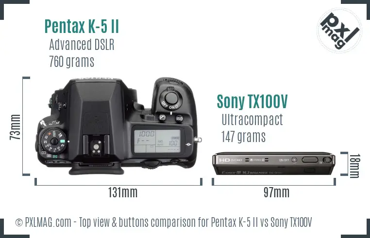 Pentax K-5 II vs Sony TX100V top view buttons comparison