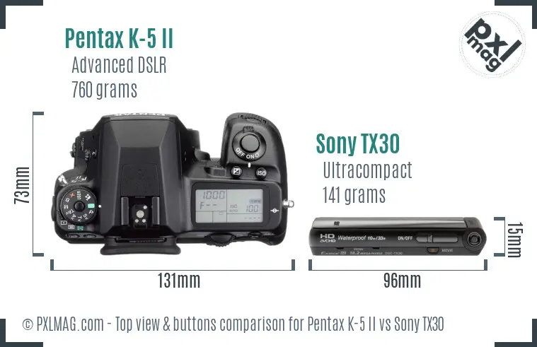Pentax K-5 II vs Sony TX30 top view buttons comparison