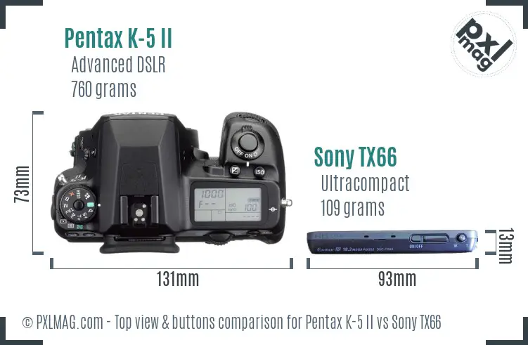 Pentax K-5 II vs Sony TX66 top view buttons comparison